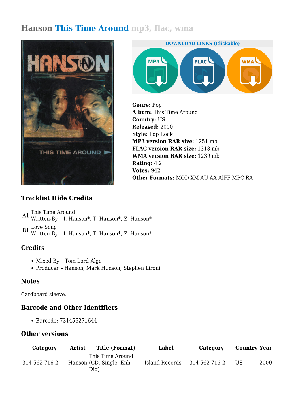 Hanson This Time Around Mp3, Flac, Wma