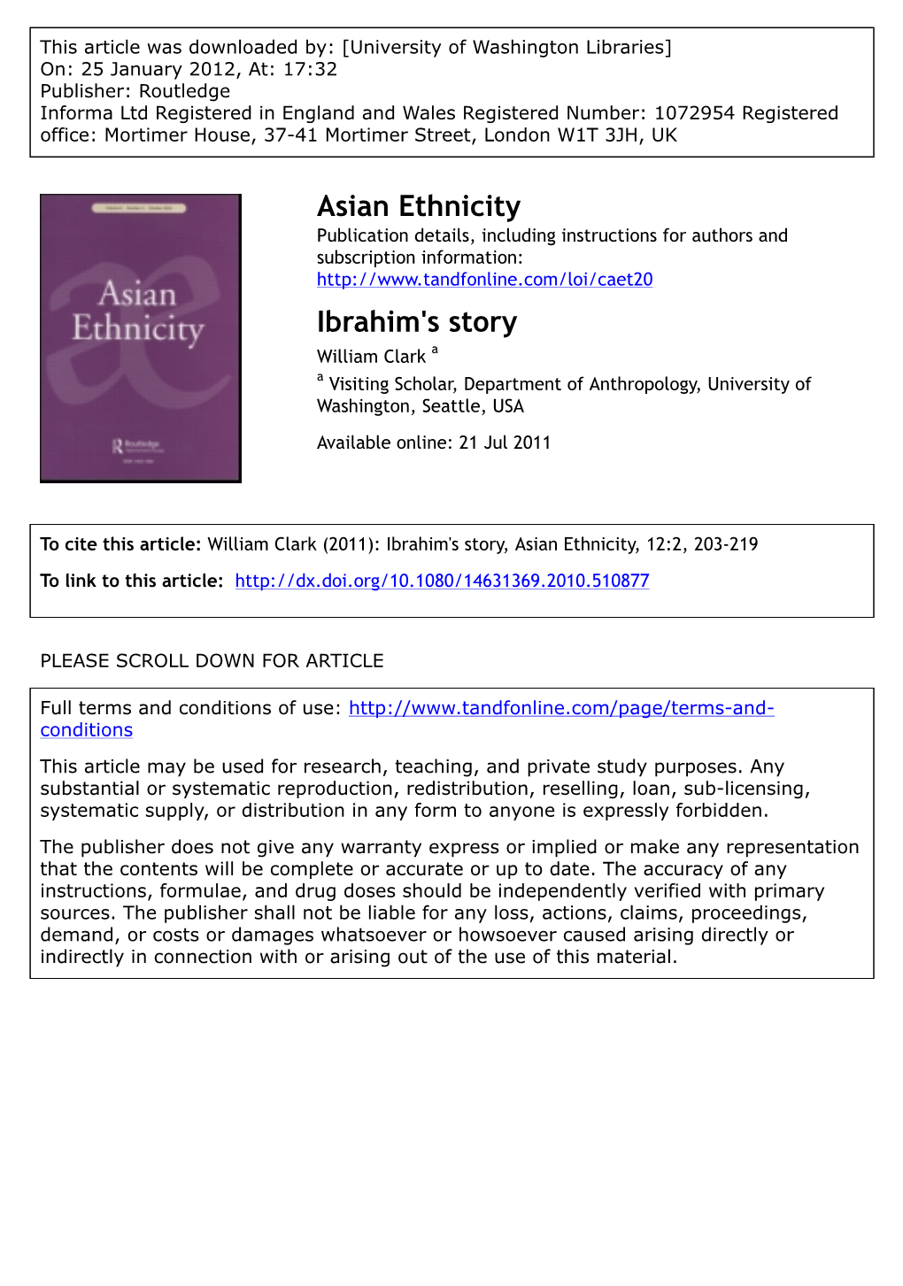 Ibrahim's Story William Clark a a Visiting Scholar, Department of Anthropology, University of Washington, Seattle, USA Available Online: 21 Jul 2011