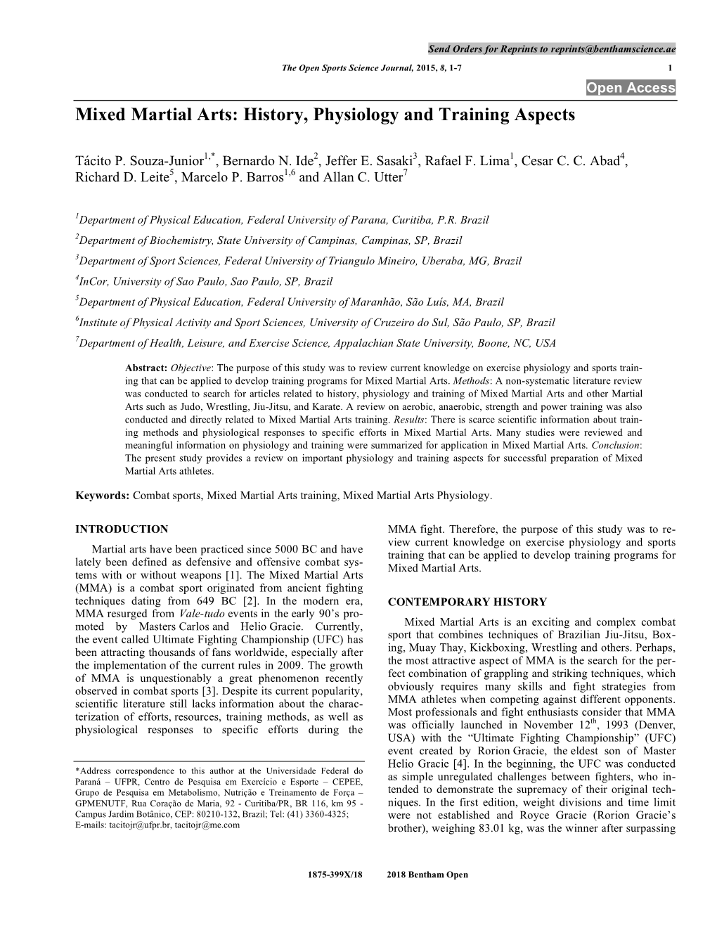 Mixed Martial Arts: History, Physiology and Training Aspects