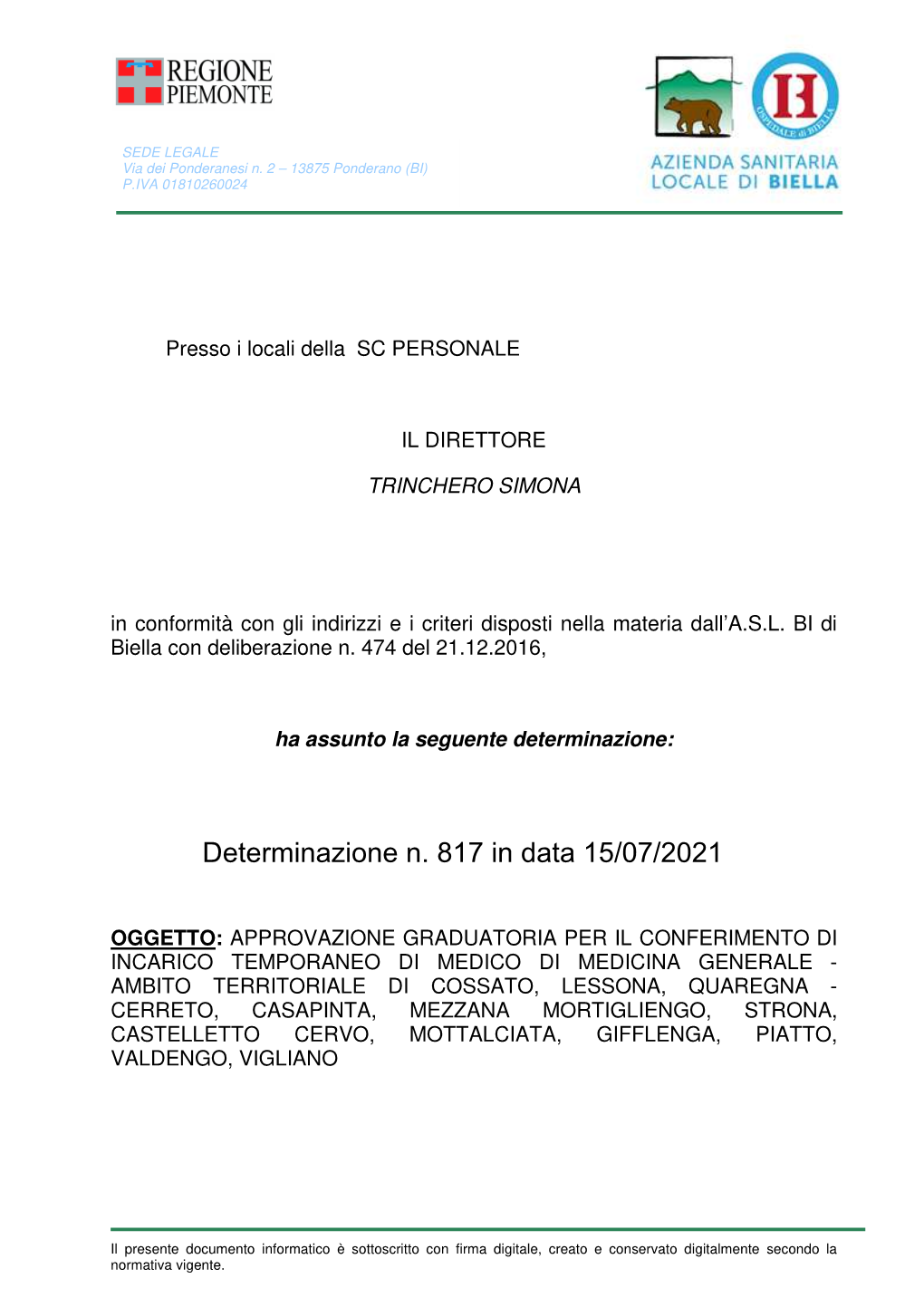 Determinazione N. 817 in Data 15/07/2021