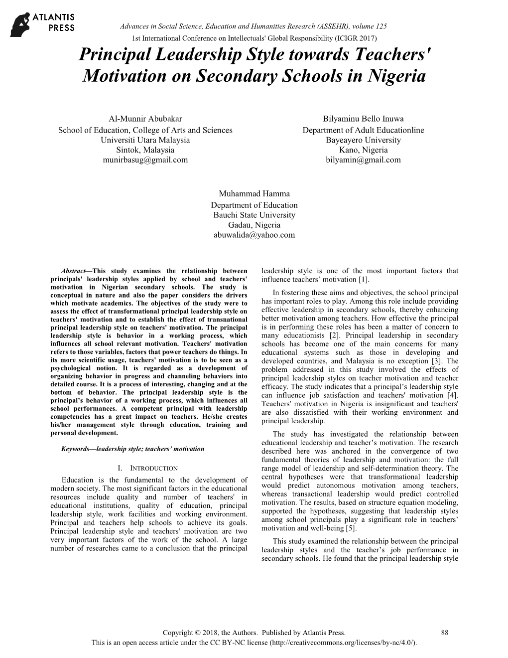 Leadership Style Towards Teachers' Motivation on Secondary Schools in Nigeria