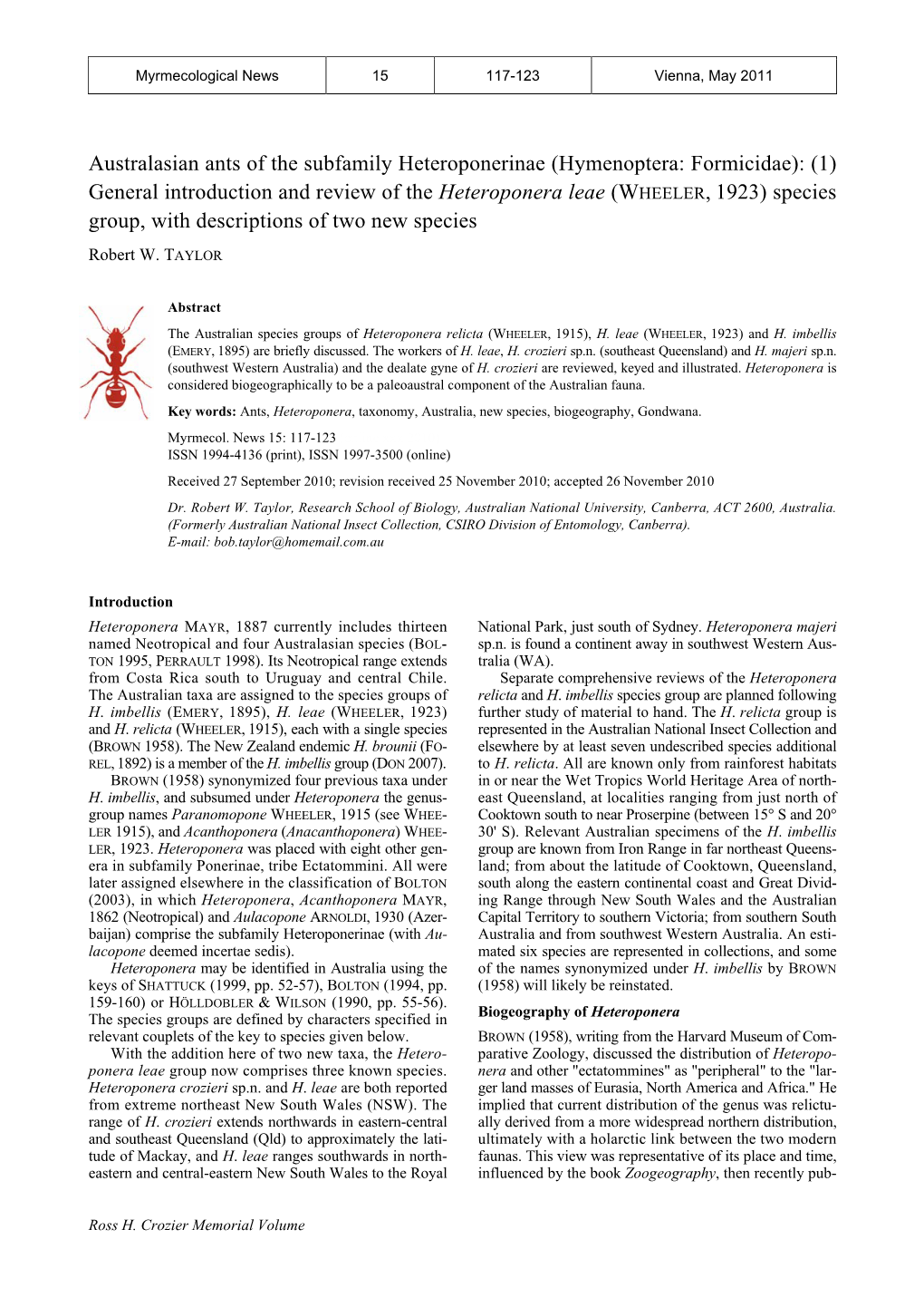 Hymenoptera: Formicidae): (1) General Introduction and Review of the Heteroponera Leae (WHEELER, 1923) Species Group, with Descriptions of Two New Species