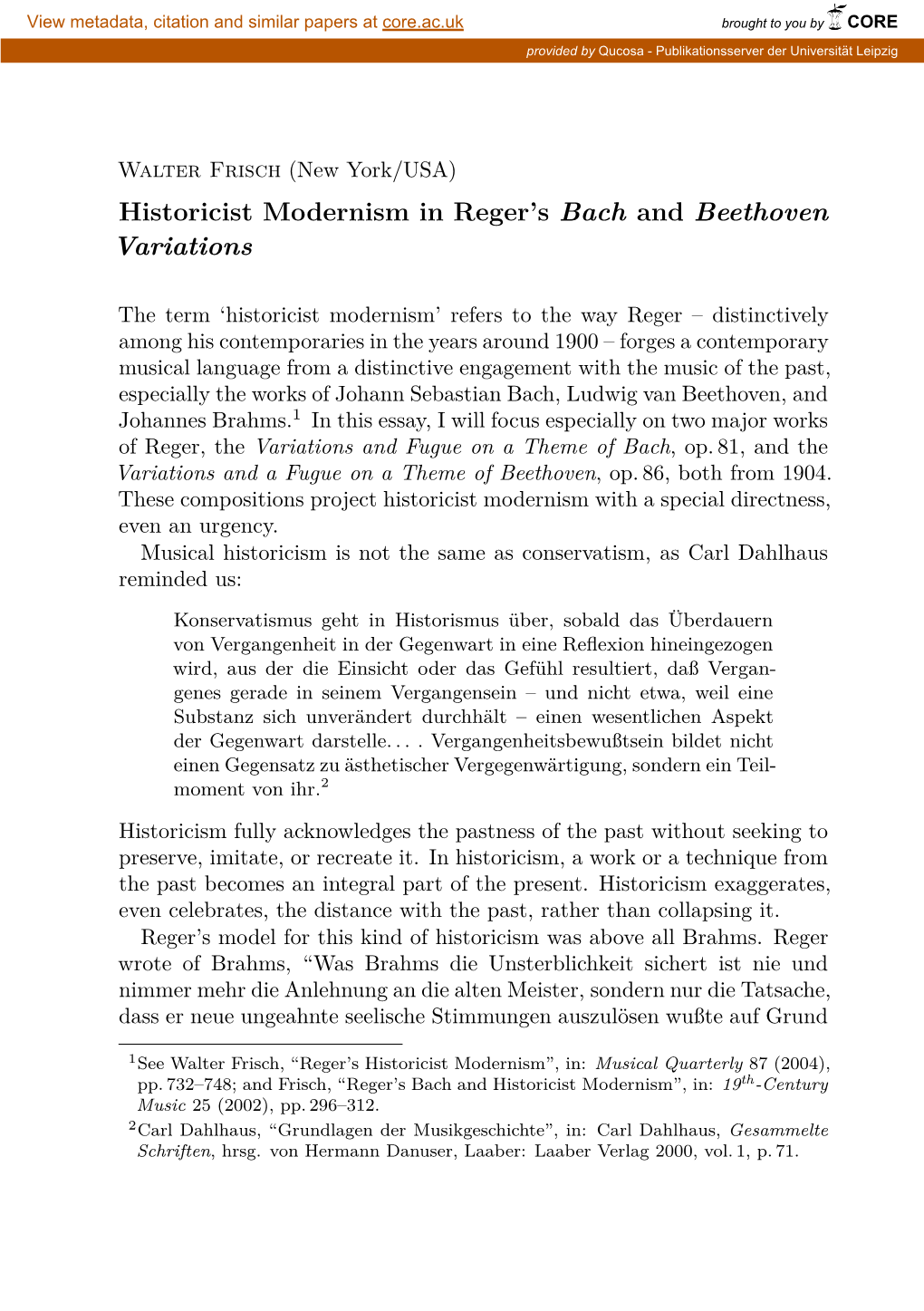 Historicist Modernism in Reger's Bach and Beethoven Variations