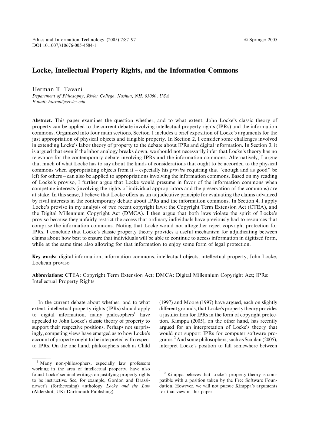 Locke, Intellectual Property Rights, and the Information Commons