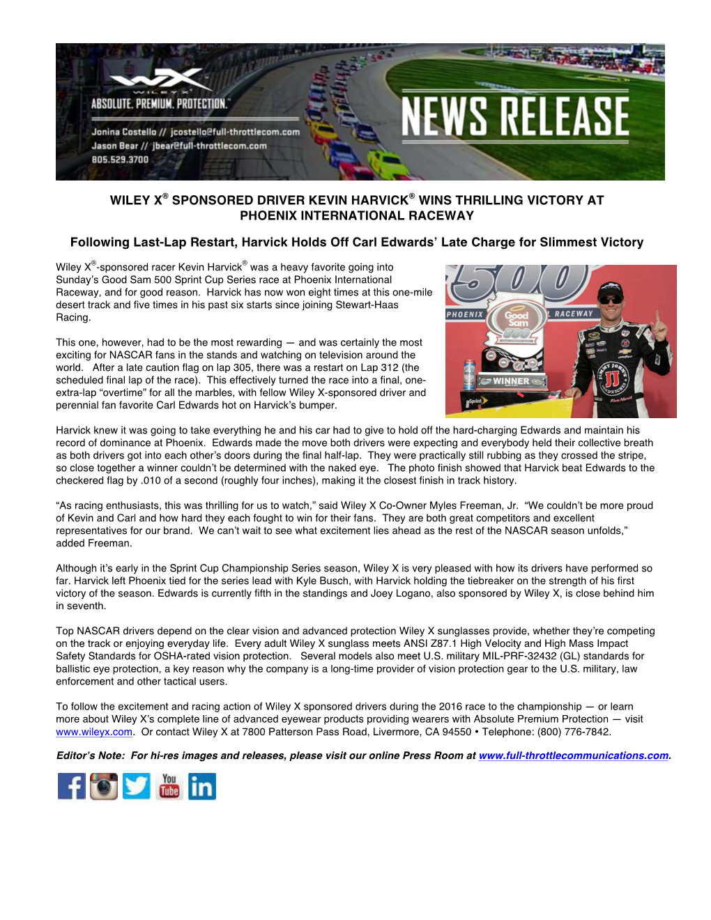 Kevin Harvick® Wins Thrilling Victory at Phoenix International Raceway