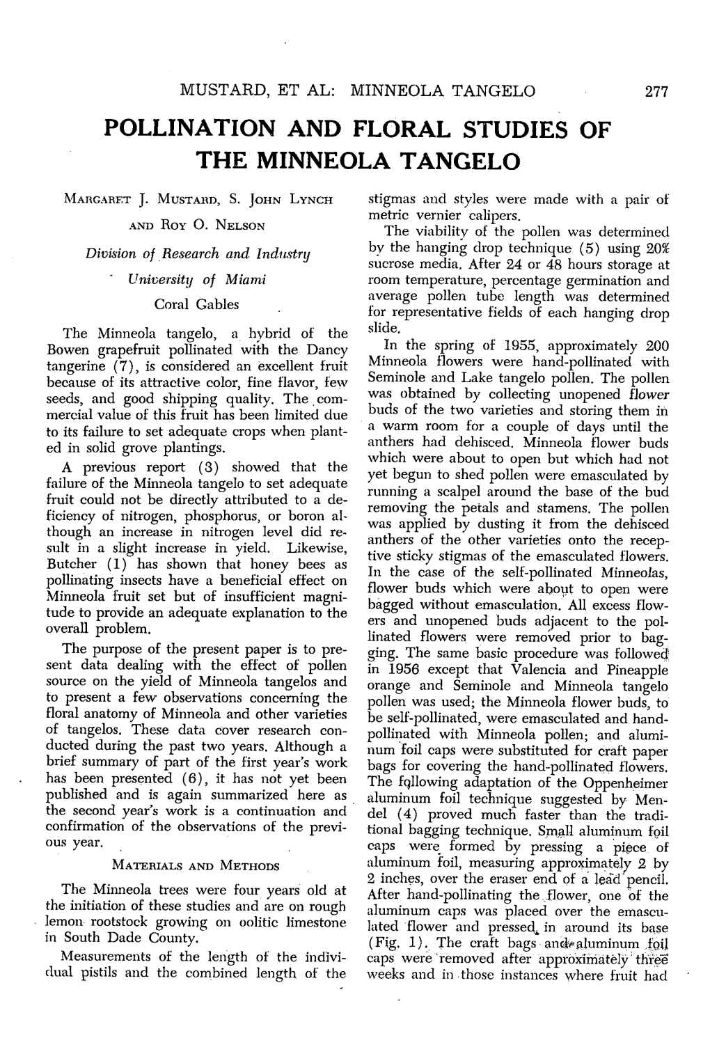 Pollination and Floral Studies of the Minneola Tangelo