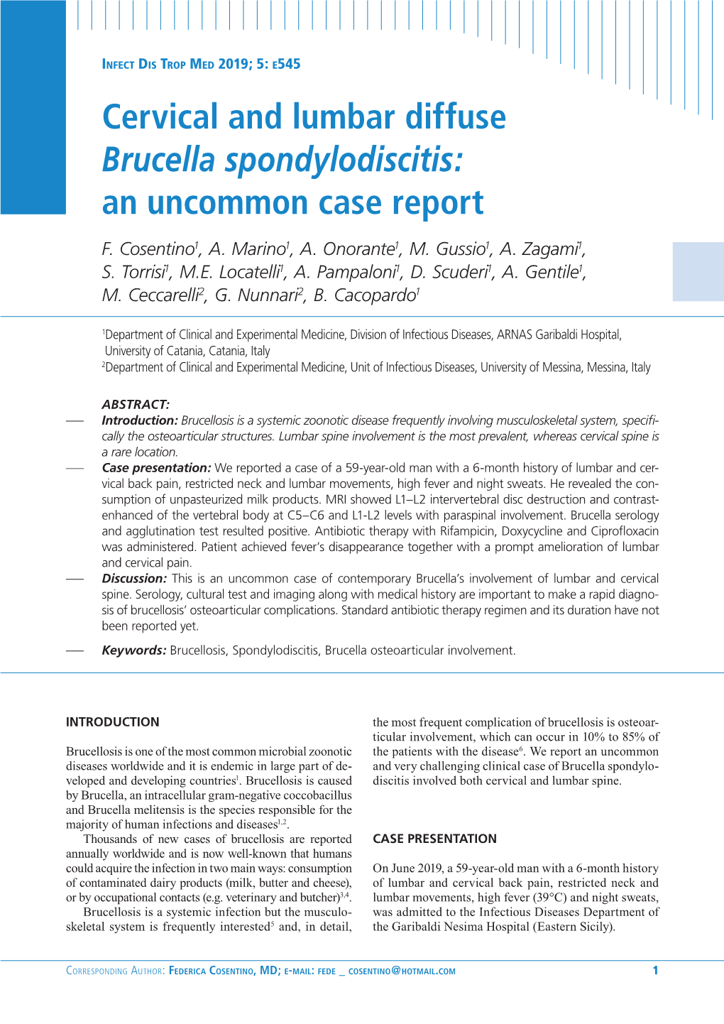 Cervical and Lumbar Diffuse Brucella Spondylodiscitis: an Uncommon Case Report