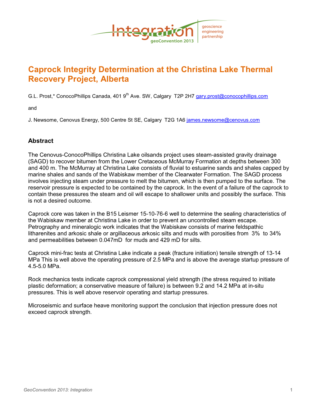 Caprock Integrity Determination at the Christina Lake Thermal Recovery Project, Alberta