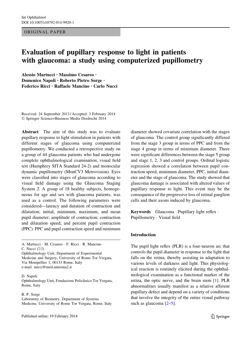 Evaluation of Pupillary Response to Light in Patients with Glaucoma: a Study Using Computerized Pupillometry