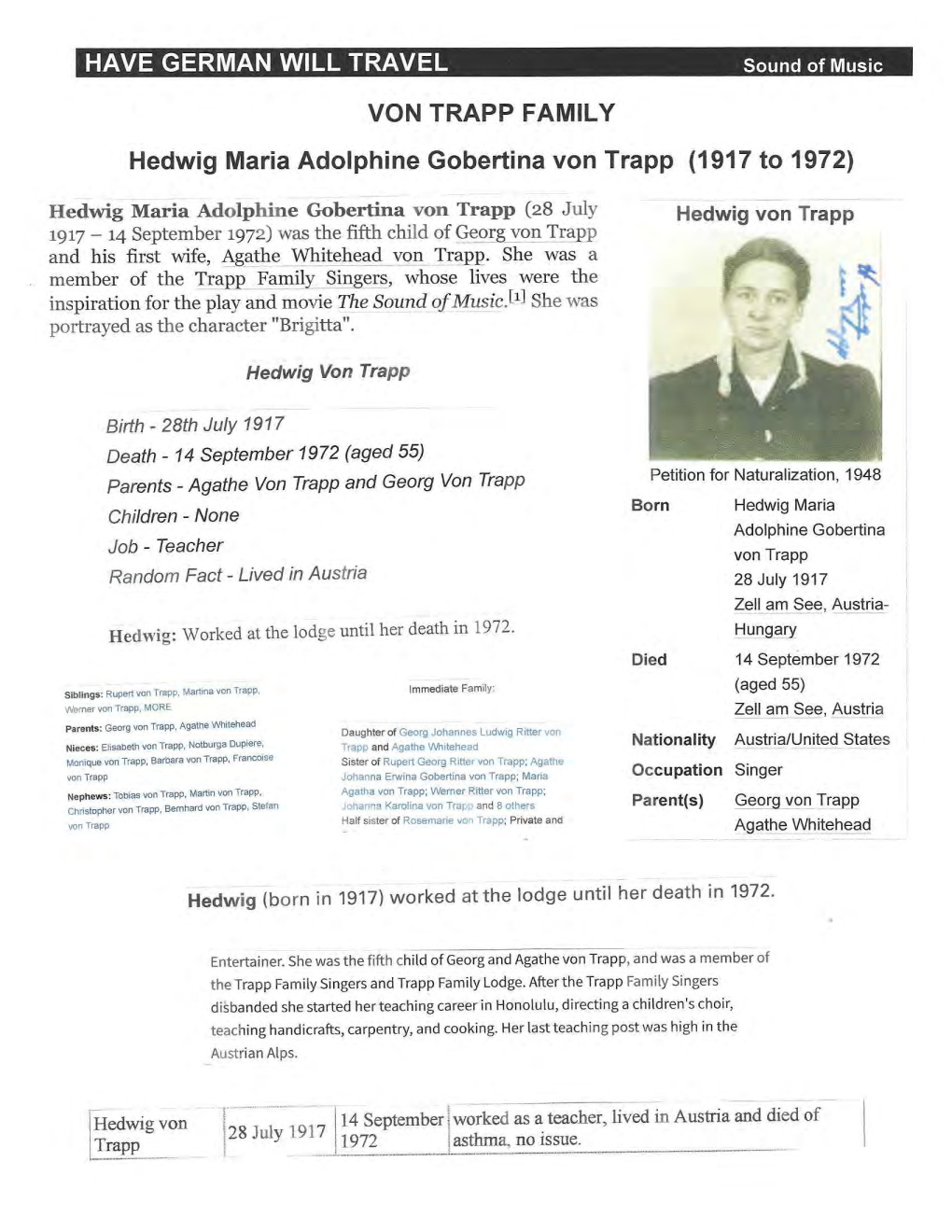 VON TRAPP FAMILY Hedwig Maria Adolphine Gobertina Von Trapp (1917 to 1972)