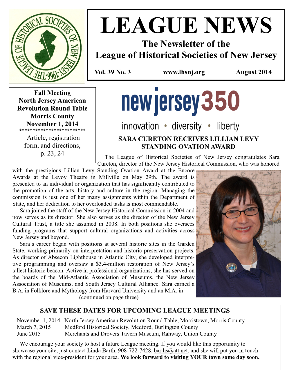 LEAGUE NEWS the Newsletter of the League of Historical Societies of New Jersey