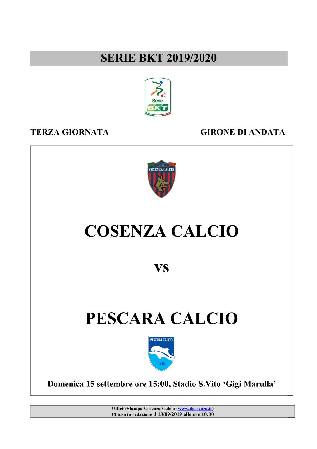 COSENZA CALCIO Vs PESCARA CALCIO