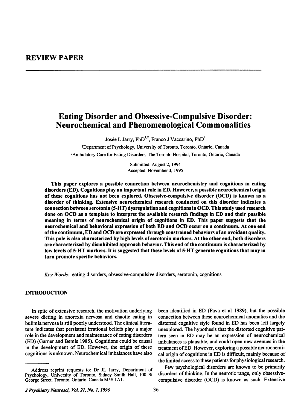 Eating Disorder and Obsessive-Compulsive Disorder: Neurochemical and Phenomenological Commonalities