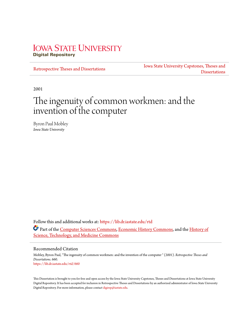 And the Invention of the Computer Byron Paul Mobley Iowa State University