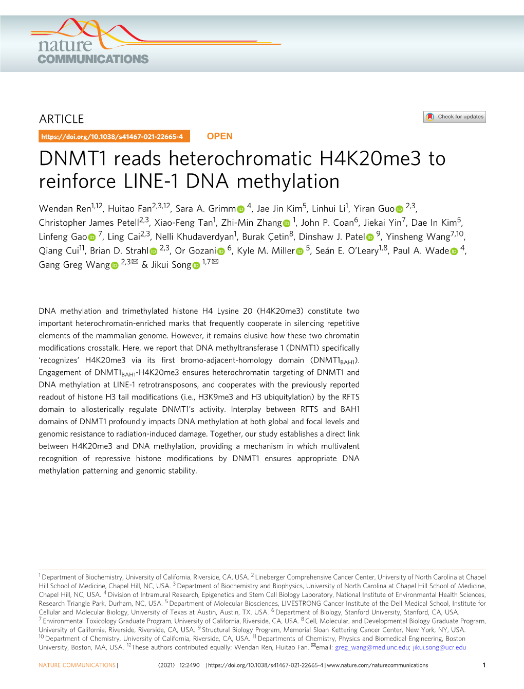 DNMT1 Reads Heterochromatic H4k20me3 to Reinforce LINE-1 DNA Methylation