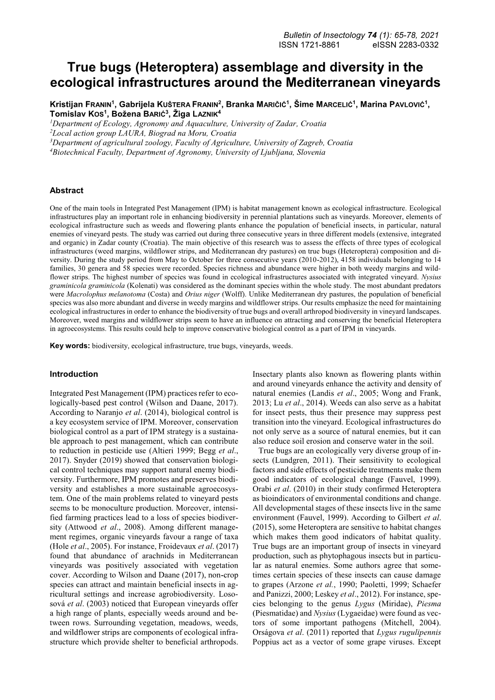 True Bugs (Heteroptera) Assemblage and Diversity in the Ecological Infrastructures Around the Mediterranean Vineyards