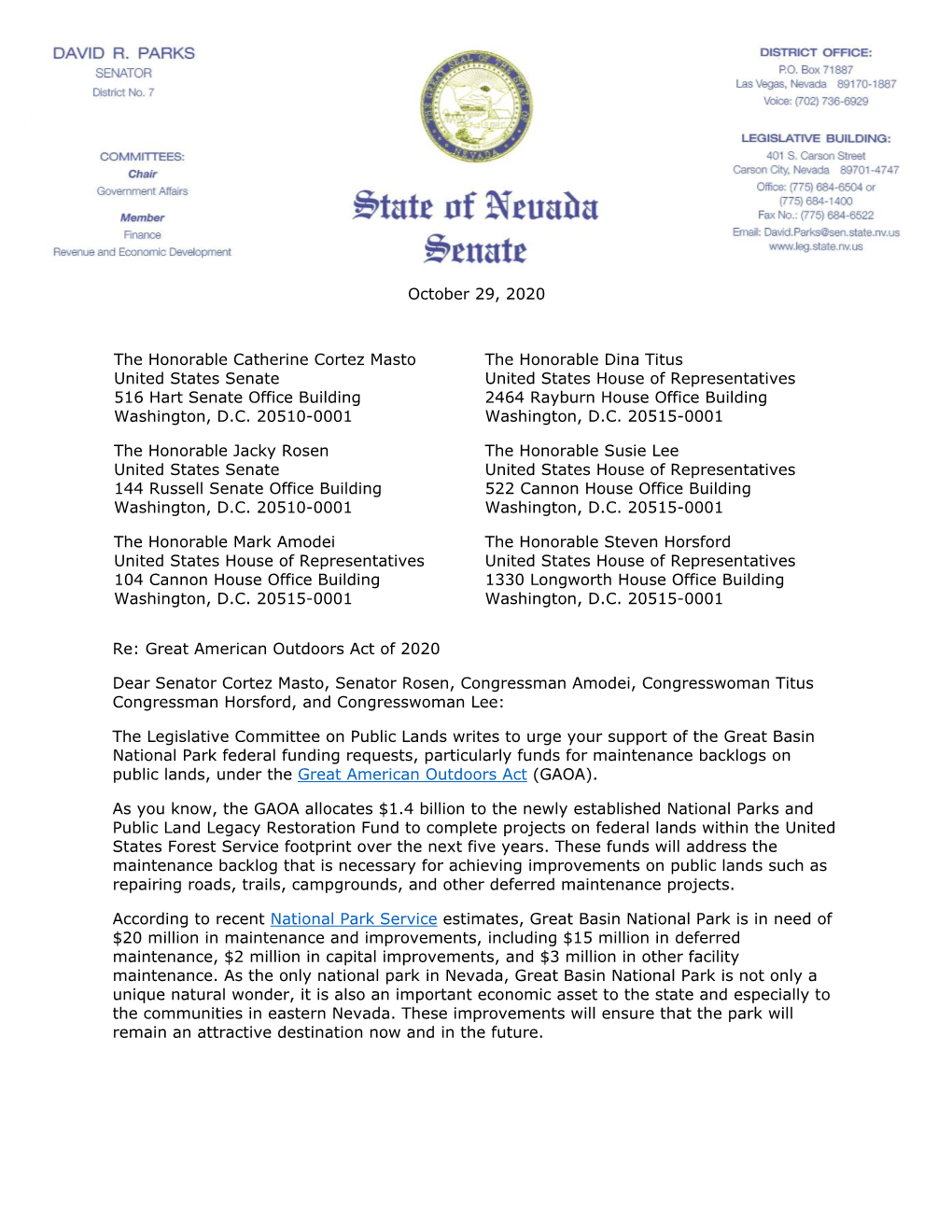 Committee Letter to Nevada's Congressional Delegation