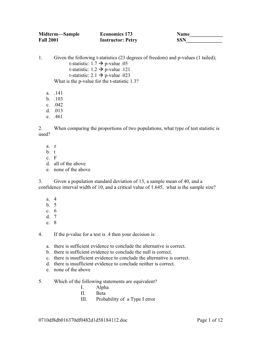 1) (Chapter 10) Given The Following T-Statistics (23 Degrees Of Freedom) And P-Values (1 Tailed);