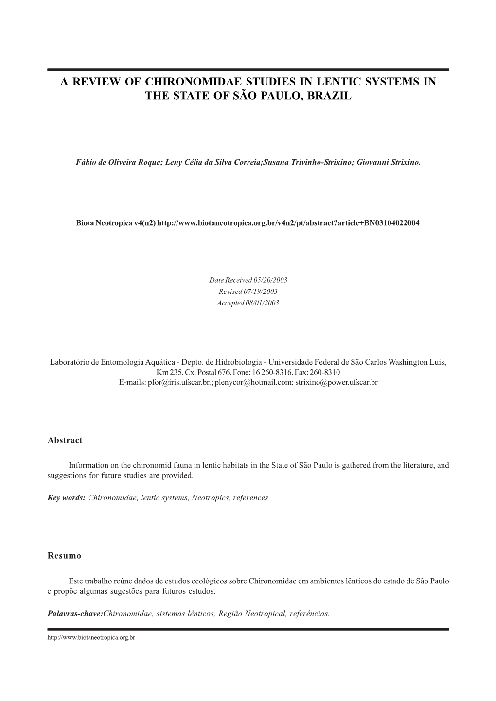 A Review of Chironomidae Studies in Lentic Systems in the State of São Paulo, Brazil