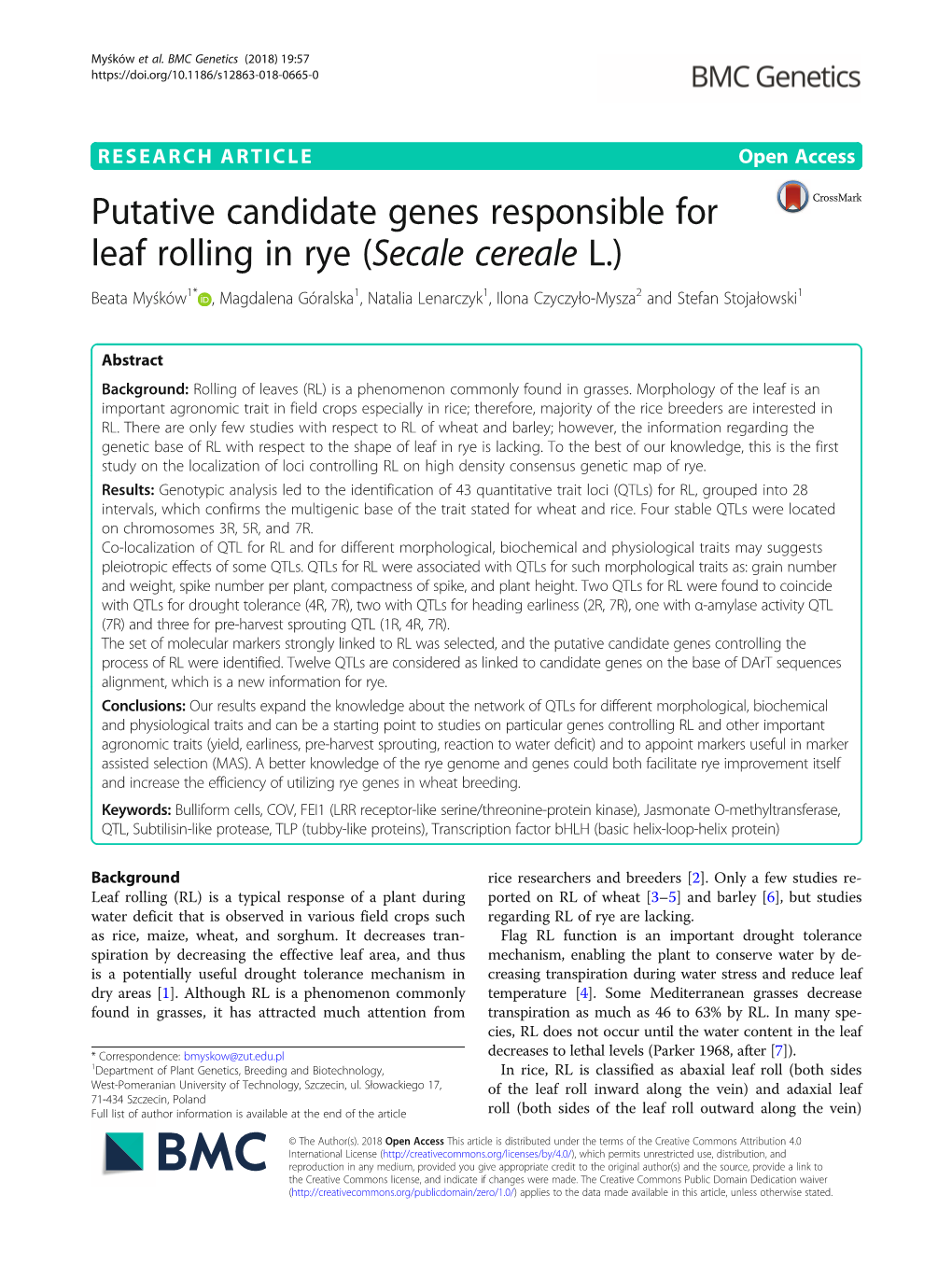 Putative Candidate Genes Responsible for Leaf Rolling In