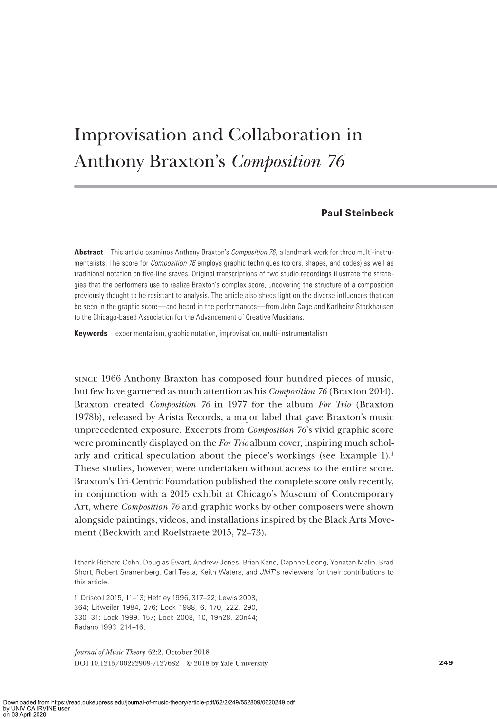 Improvisation and Collaboration in Anthony Braxton's Composition 76