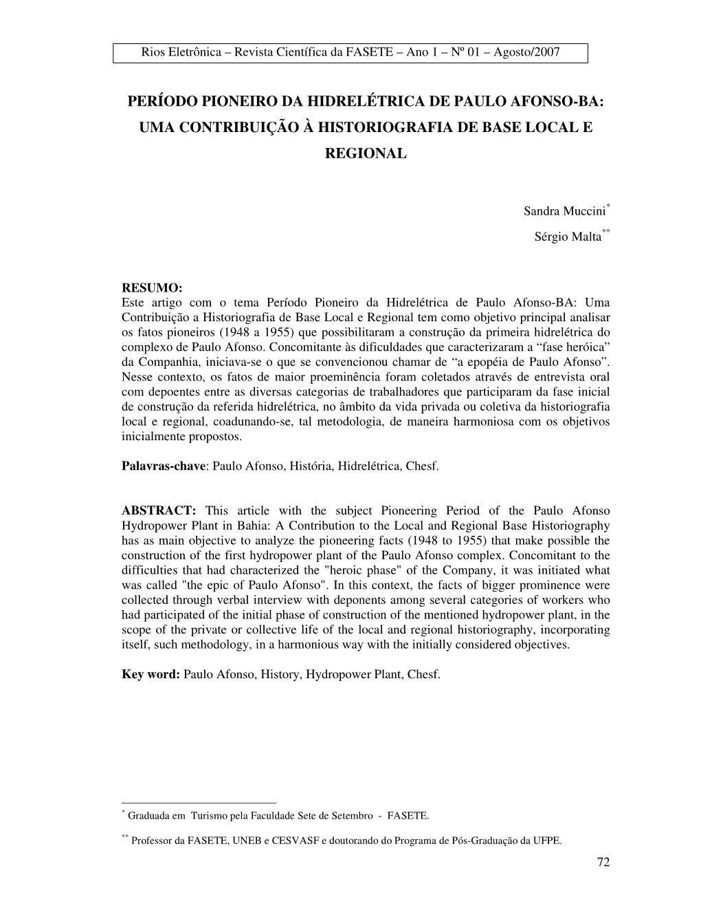 Período Pioneiro Da Hidrelétrica De Paulo Afonso-Ba: Uma Contribuição À Historiografia De Base Local E Regional