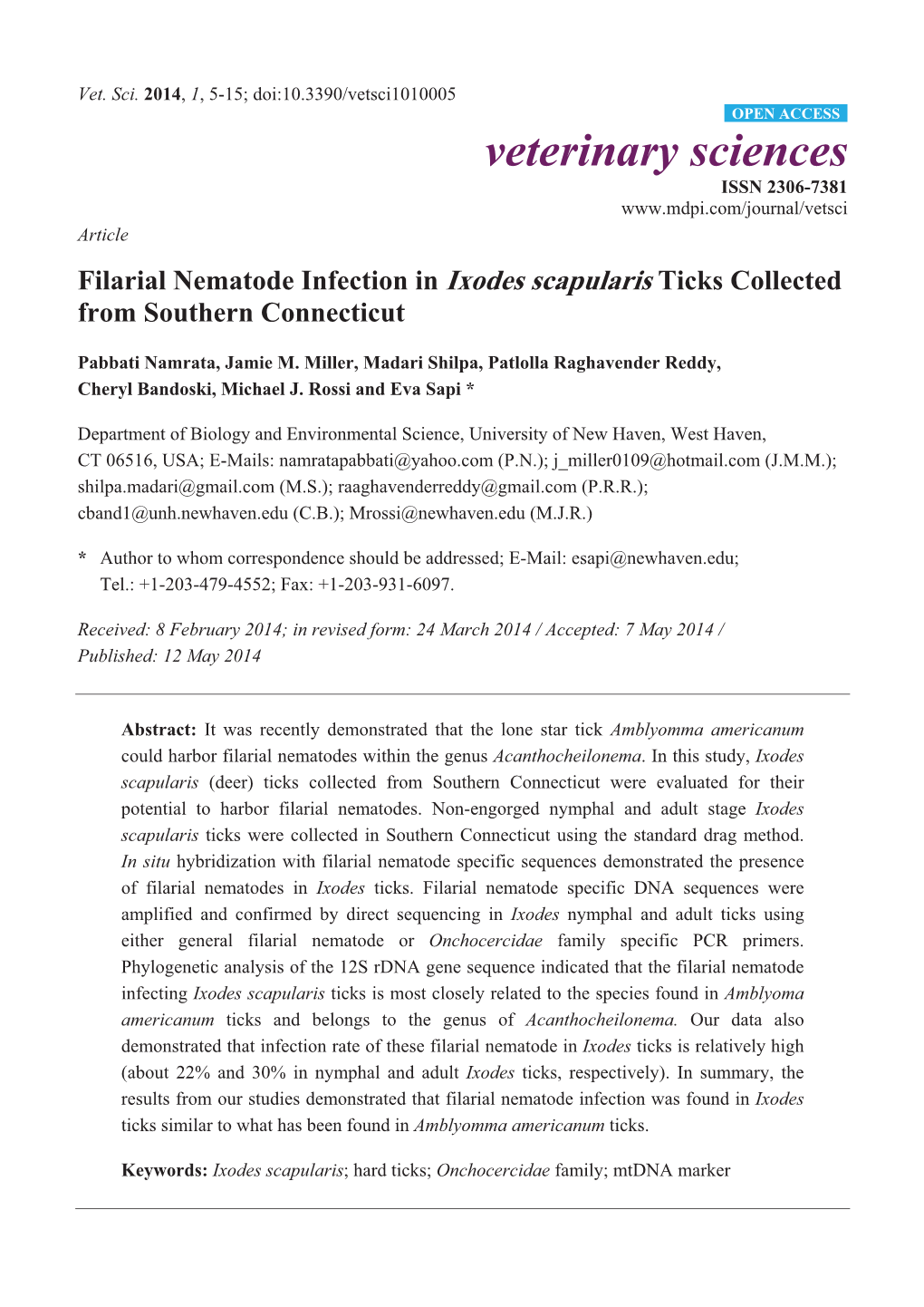 Filarial Nematode Infection in Ixodes Scapularis Ticks Collected from Southern Connecticut