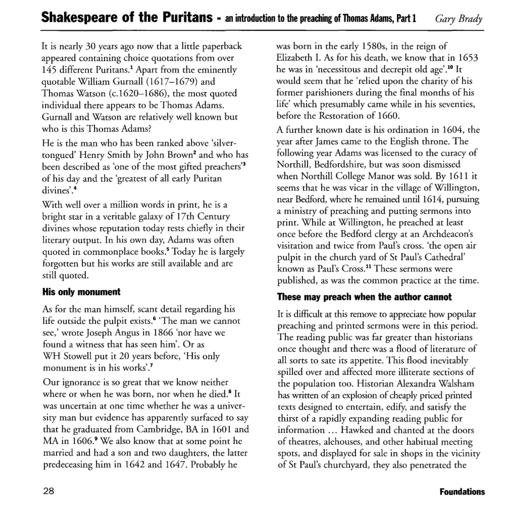 Shakespeare of the Puritans • an Introduction to the Preaching of Thomas Adams, Part 1 Gary Brady