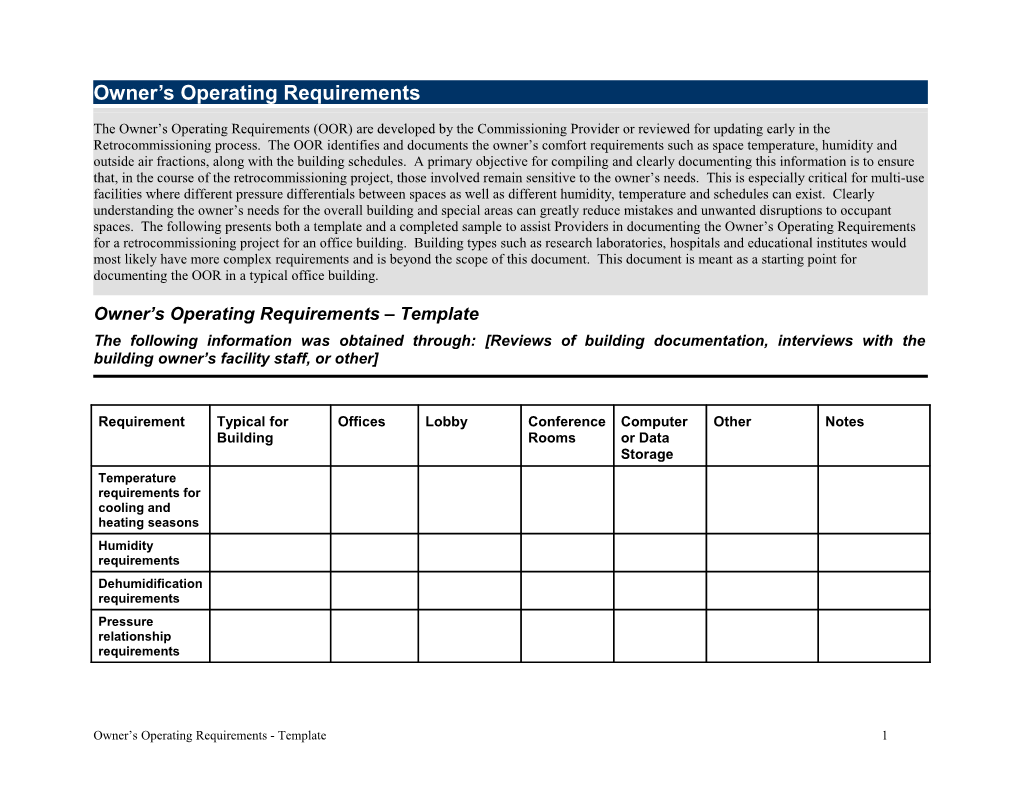 Owner S Operating Requirements Template