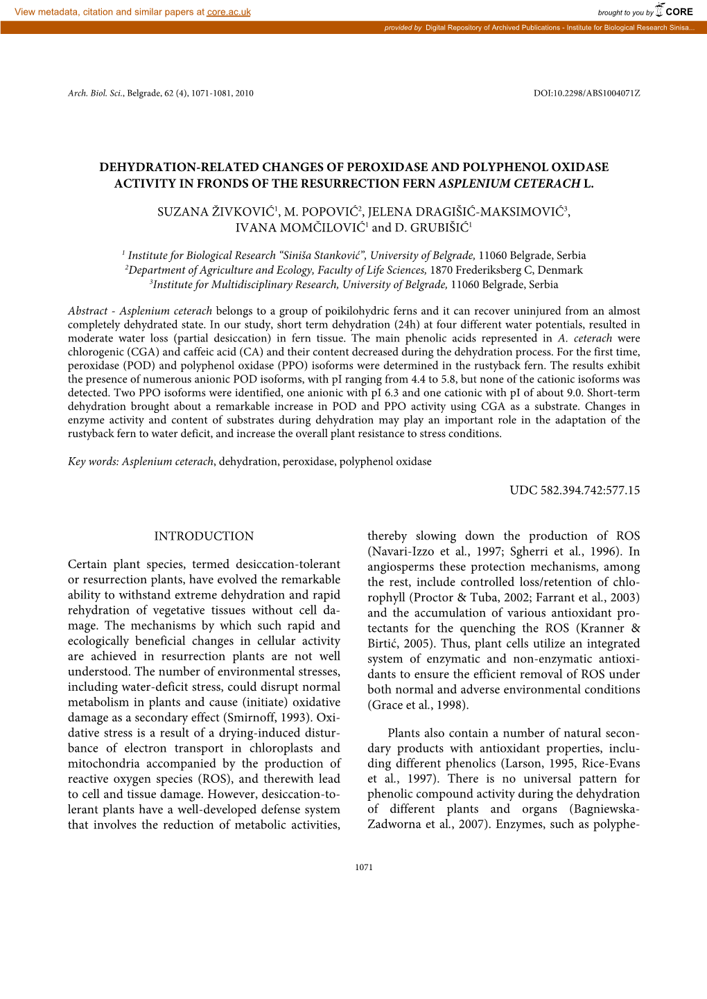 Dehydration-Related Changes of Peroxidase and Polyphenol Oxidase Activity in Fronds of the Resurrection Fern Asplenium Ceterach L