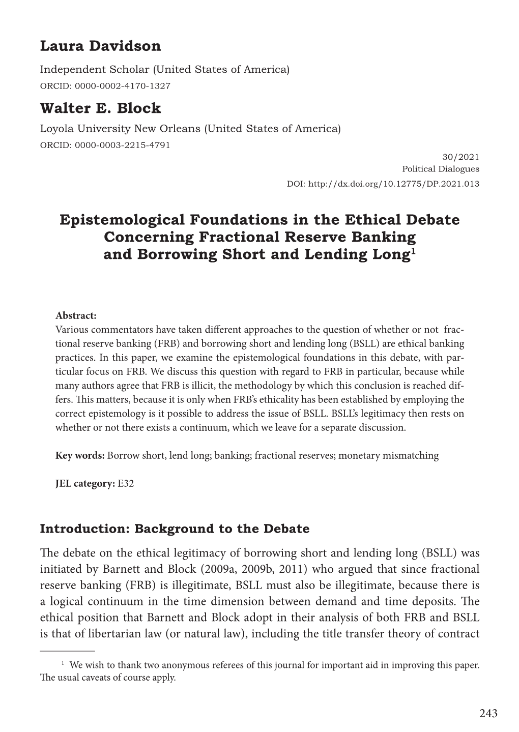 Laura Davidson Walter E. Block Epistemological Foundations in The