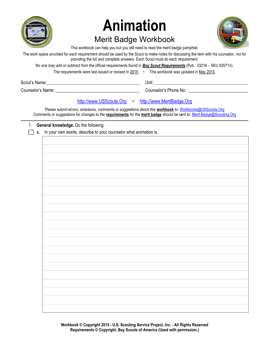 Animation Merit Badge Workbook This Workbook Can Help You but You Still Need to Read the Merit Badge Pamphlet