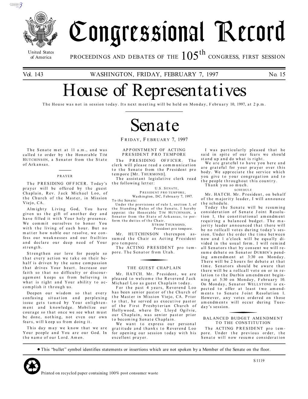 Congressional Record United States Th of America PROCEEDINGS and DEBATES of the 105 CONGRESS, FIRST SESSION