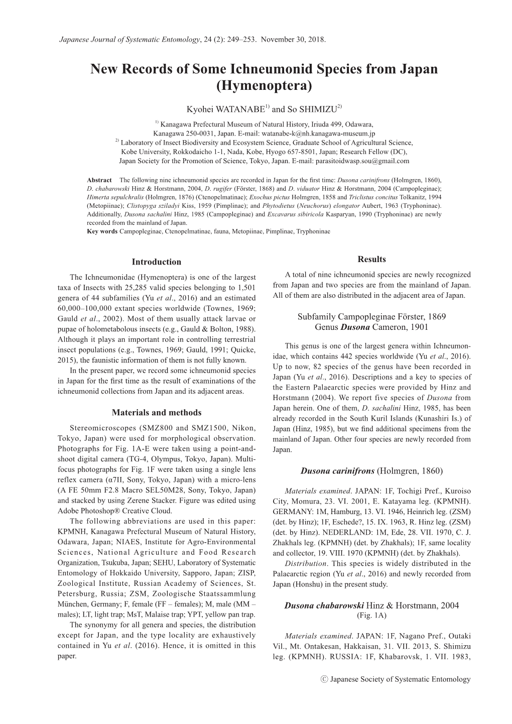 New Records of Some Ichneumonid Species from Japan (Hymenoptera)