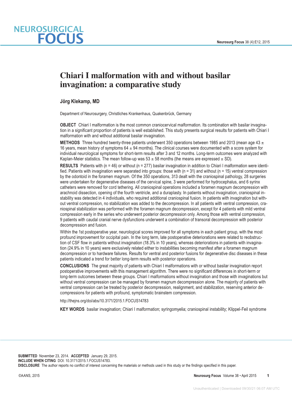 Chiari I Malformation with and Without Basilar Invagination: a Comparative Study