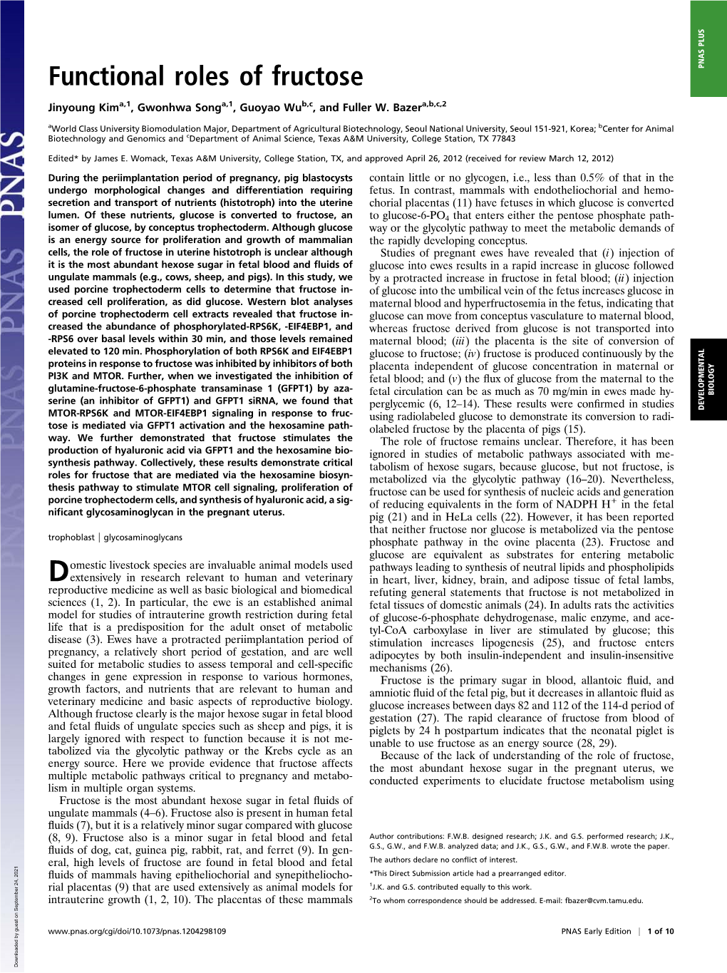 Functional Roles of Fructose PNAS PLUS