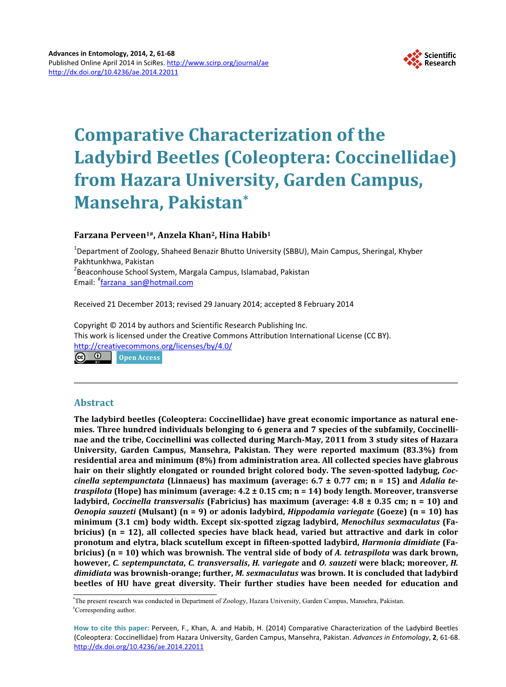 Comparative Characterization of the Ladybird Beetles (Coleoptera: Coccinellidae) from Hazara University, Garden Campus, Mansehra, Pakistan*