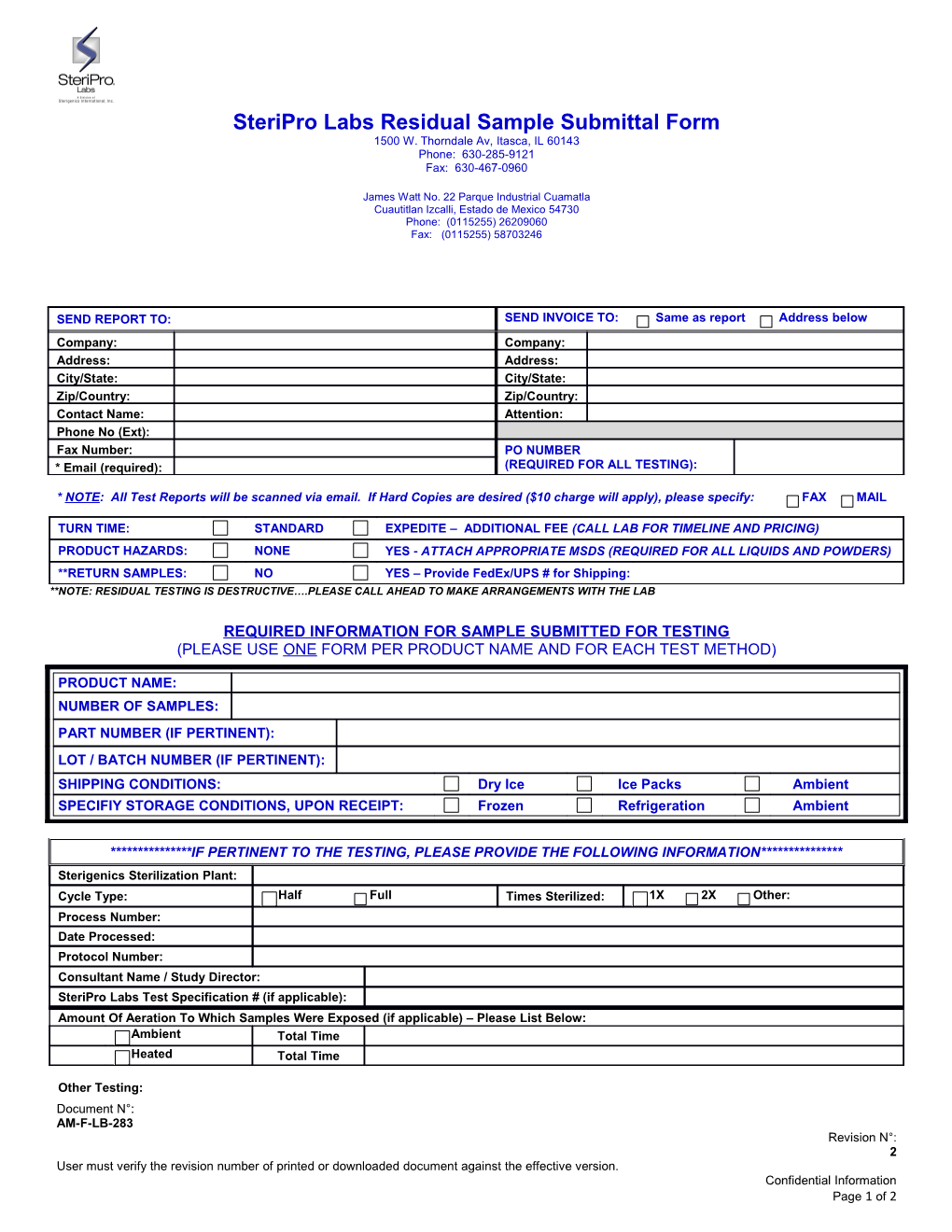 Required Information for Sample Submitted for Testing