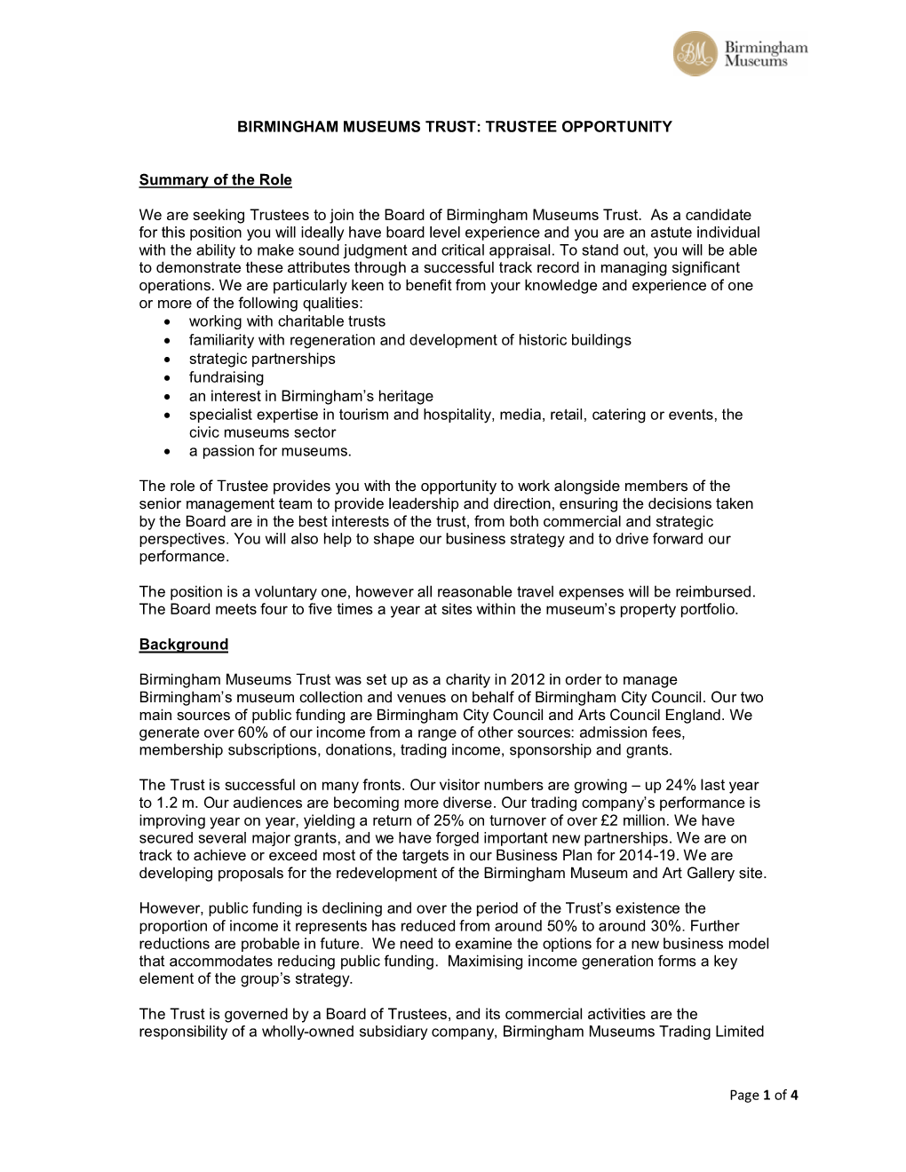 Page 1 of 4 BIRMINGHAM MUSEUMS TRUST: TRUSTEE OPPORTUNITY