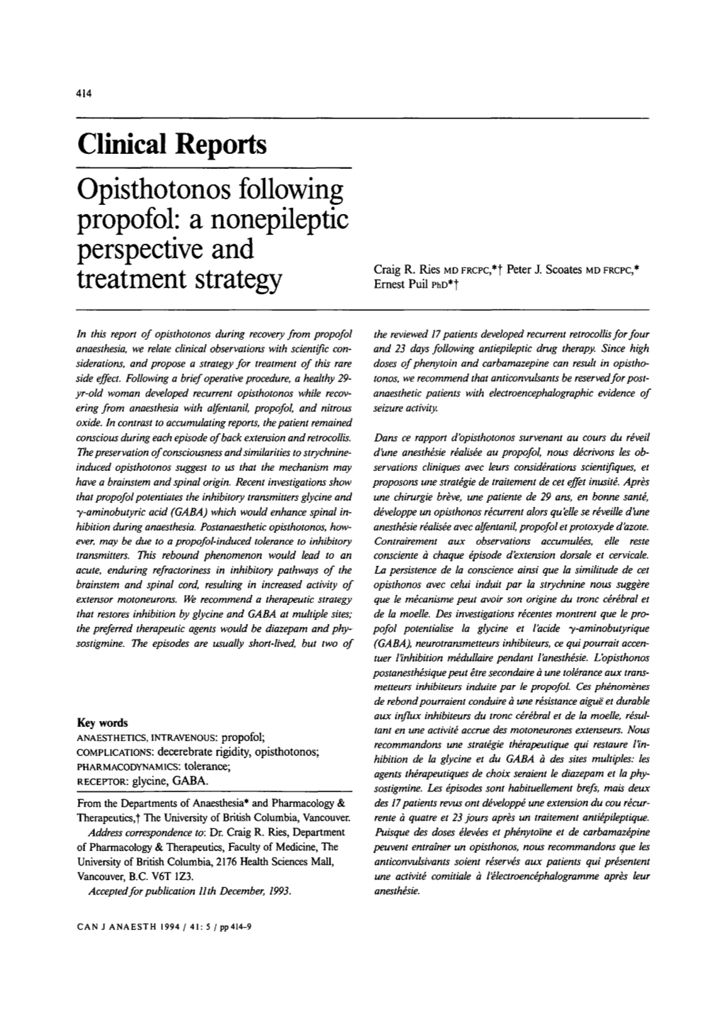 Opisthotonos Following Propofol: a Nonepileptic Perspective and Craig R