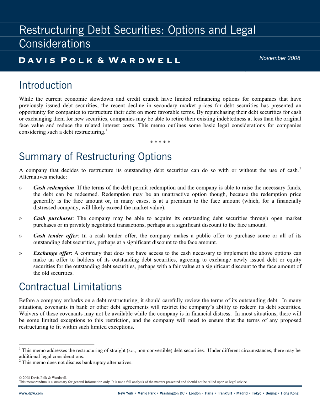 Restructuring Debt Securities: Options and Legal Considerations