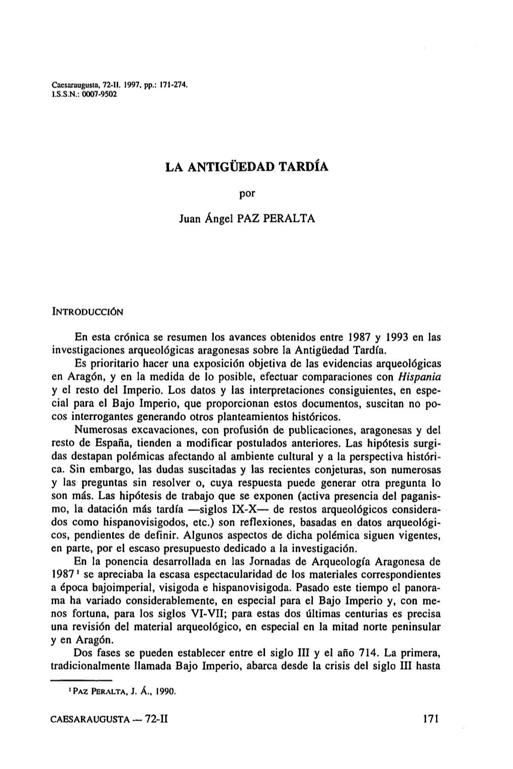 LA ANTIGÜEDAD TARDÍA Por Juan Ángel PAZ PERALTA