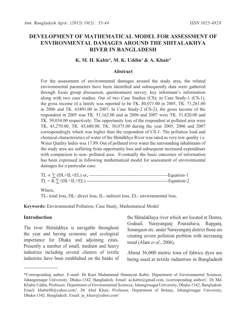 Development of Mathematical Model for Assessment of Environmental Damages Around the Shitalakhya River in Bangladesh K