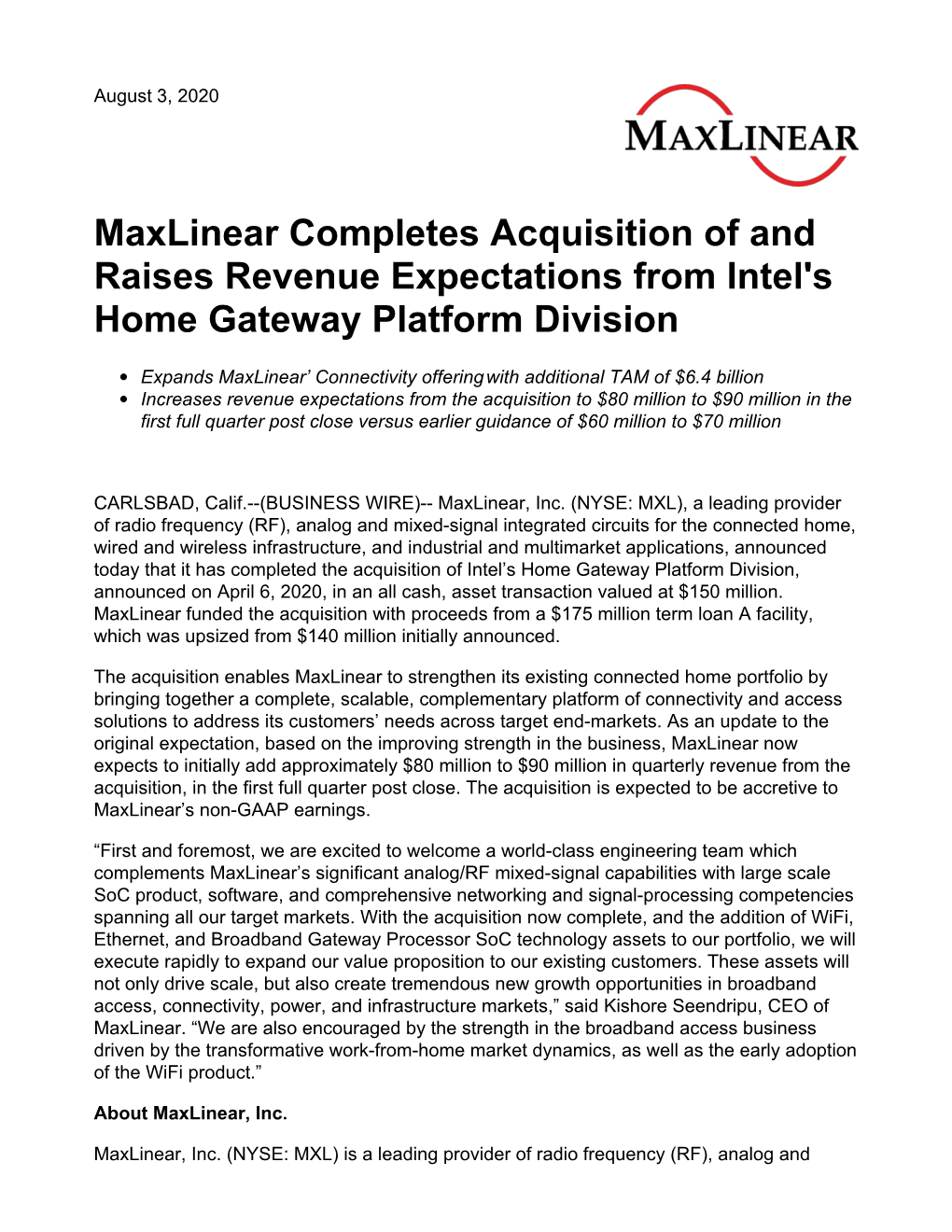 Maxlinear Completes Acquisition of and Raises Revenue Expectations from Intel's Home Gateway Platform Division