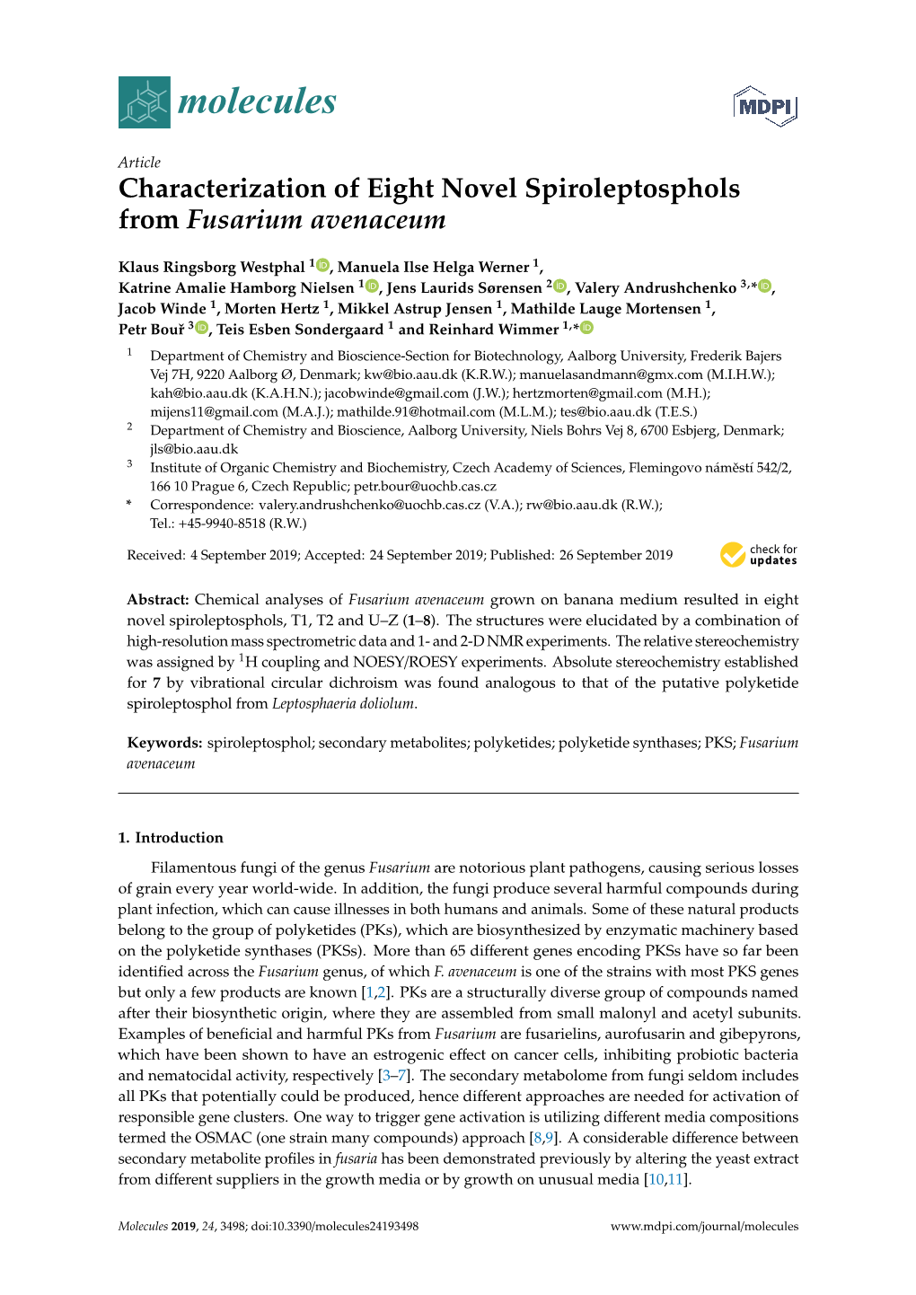 Characterization of Eight Novel Spiroleptosphols from Fusarium Avenaceum