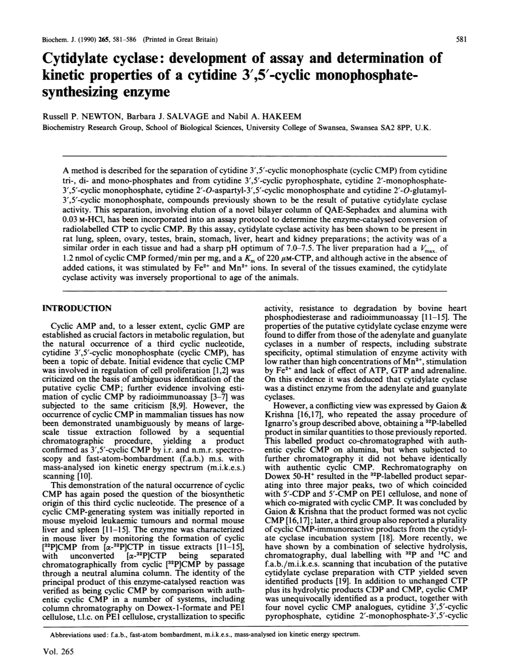Cytidylate Cyclase: Development of Assay and Determination of Kinetic Properties of a Cytidine 3',5'-Cyclic Monophosphate- Synthesizing Enzyme