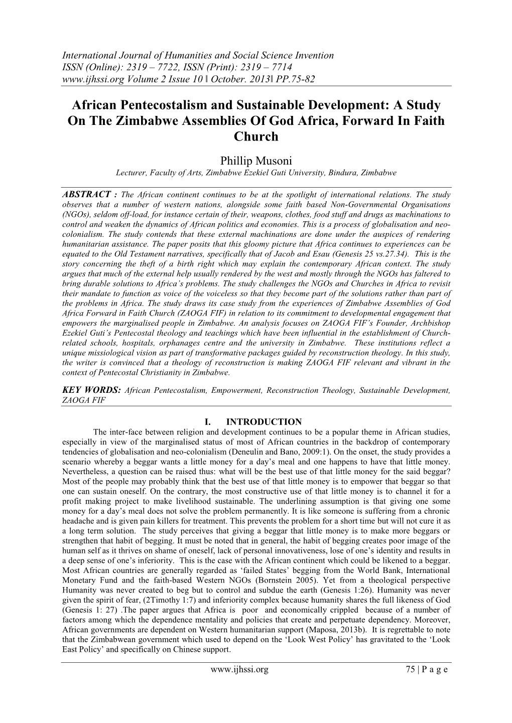 African Pentecostalism and Sustainable Development: a Study on the Zimbabwe Assemblies of God Africa, Forward in Faith Church