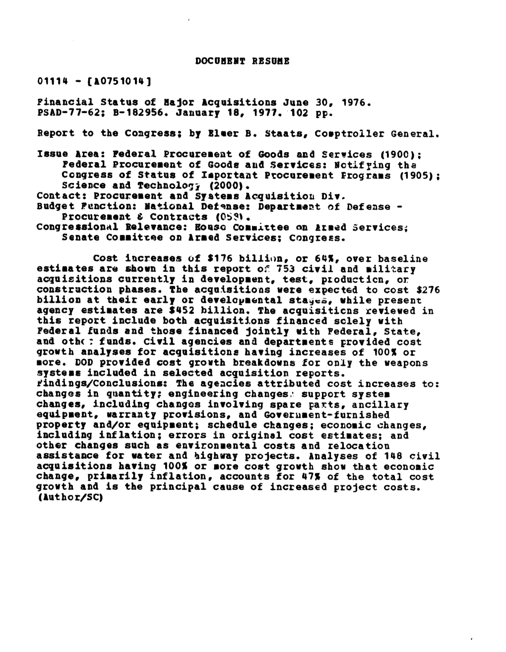 PSAD-77-62 Financial Status of Major Acquisitions June 30, 1976