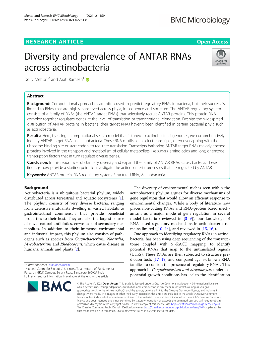 Diversity and Prevalence of ANTAR Rnas Across Actinobacteria Dolly Mehta1,2 and Arati Ramesh1*