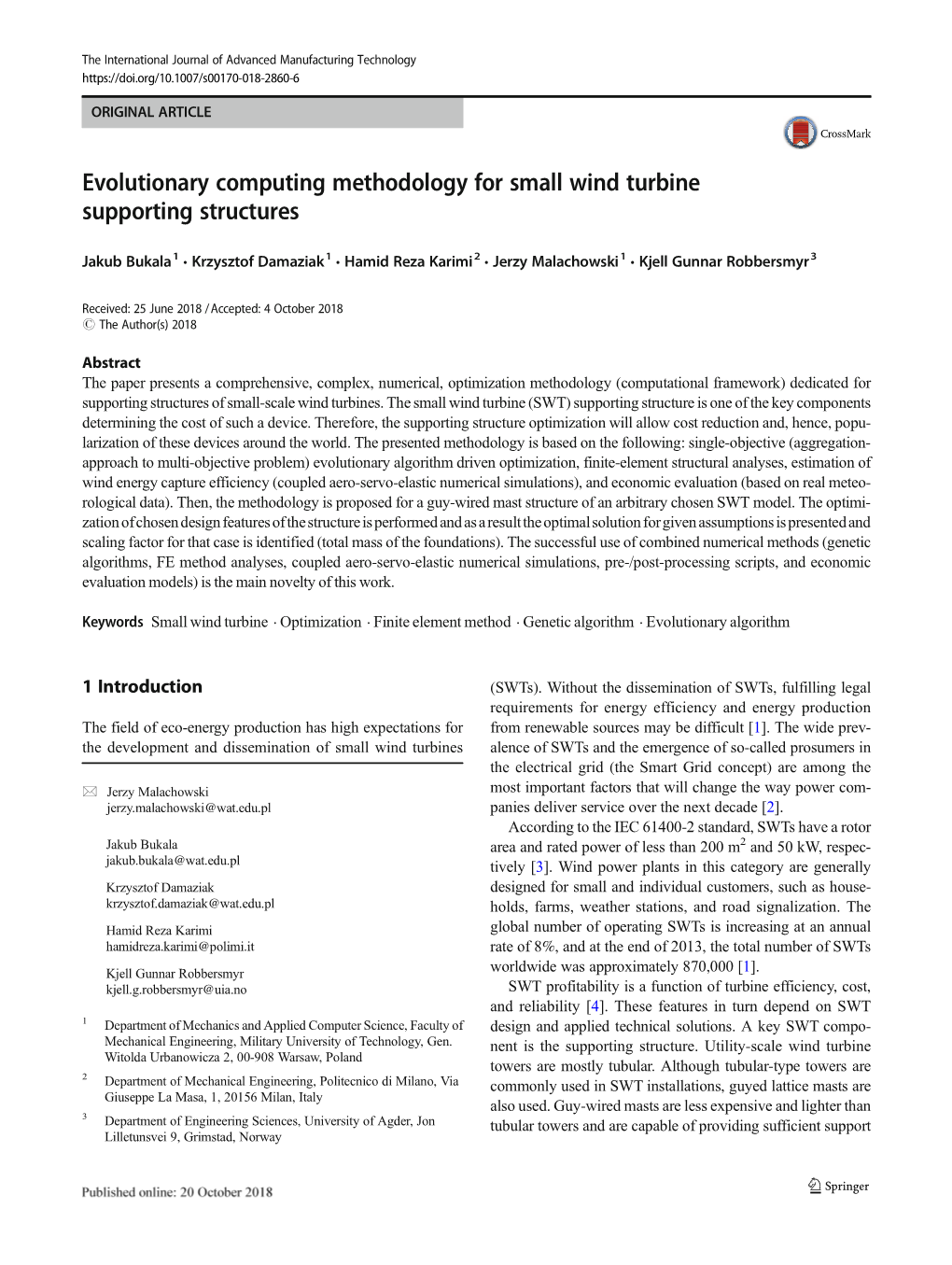 Evolutionary Computing Methodology for Small Wind Turbine Supporting Structures